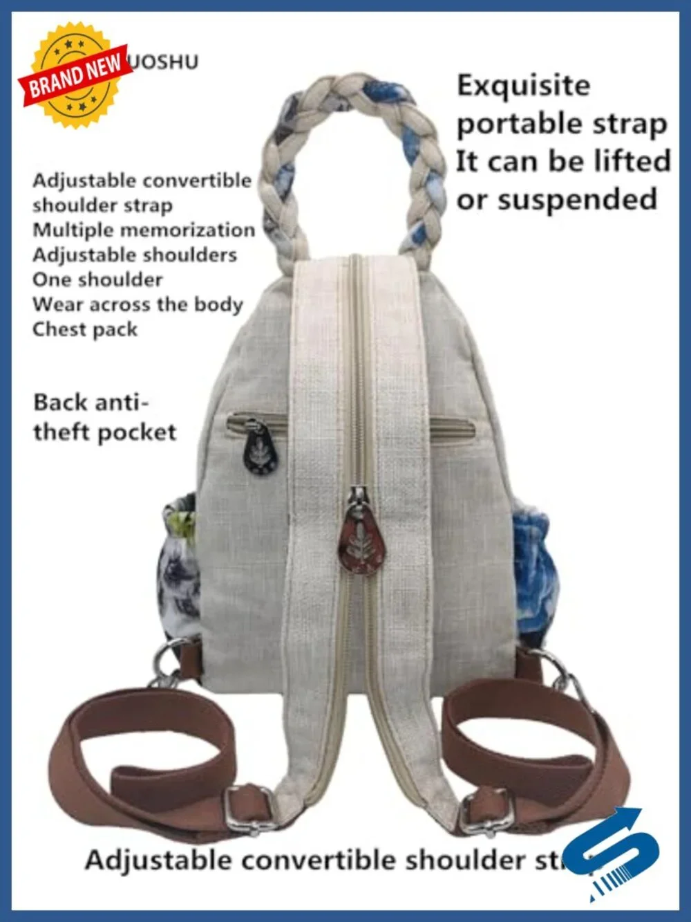 Women's Boho Cotton Hemp Backpack - 3D Embroidery, 9 Pockets